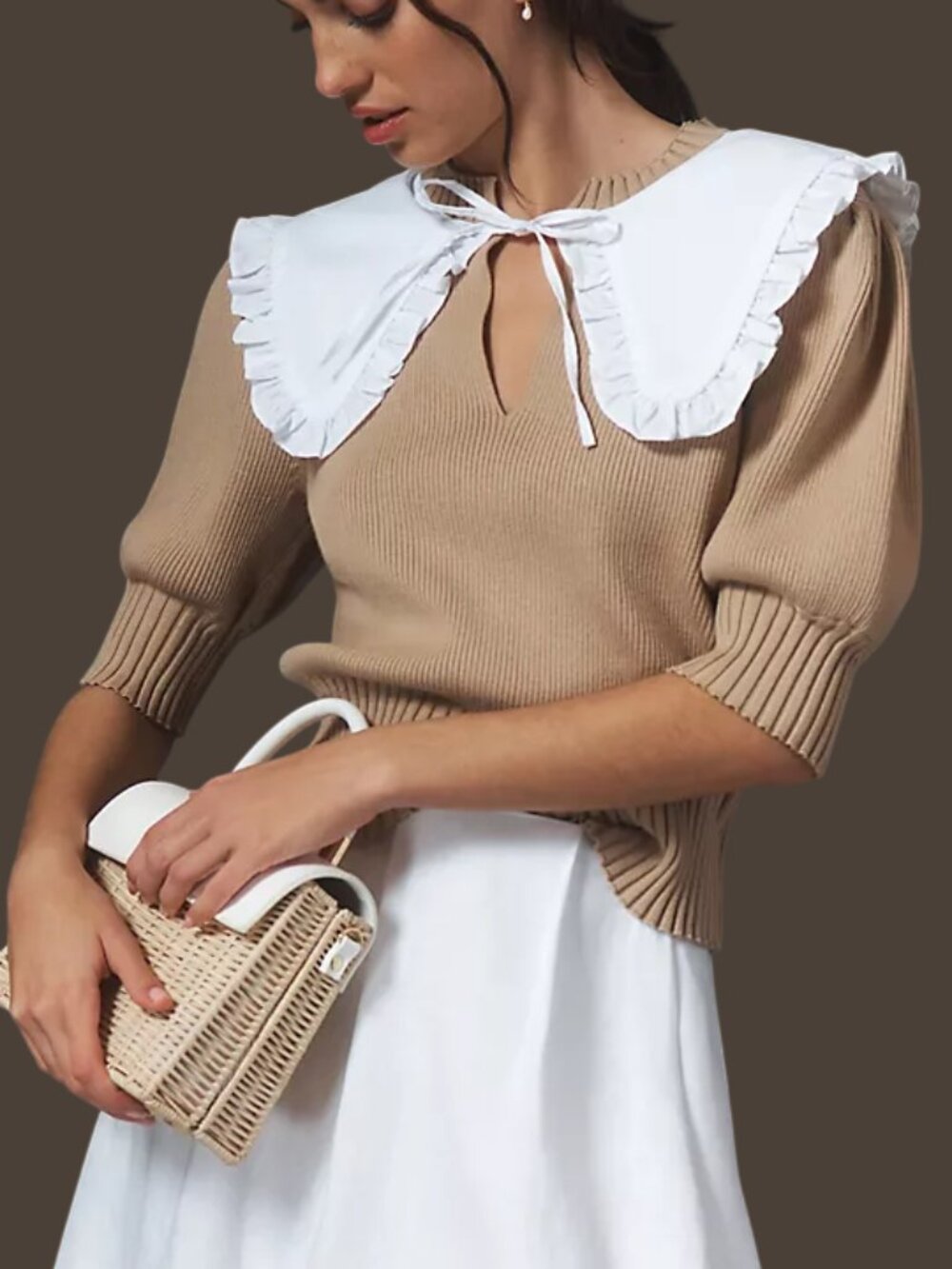 Anthropologie Maeve Collar Sweater Tee Short Sleeve Tan Medium